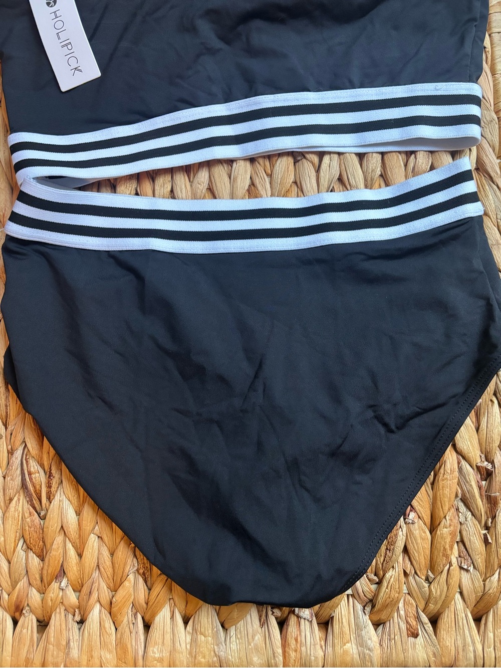 NWT One-Shoulder Black Two-Piece Swim Set High-Waisted Bottom Striped Waistband - Picture 8 of 9